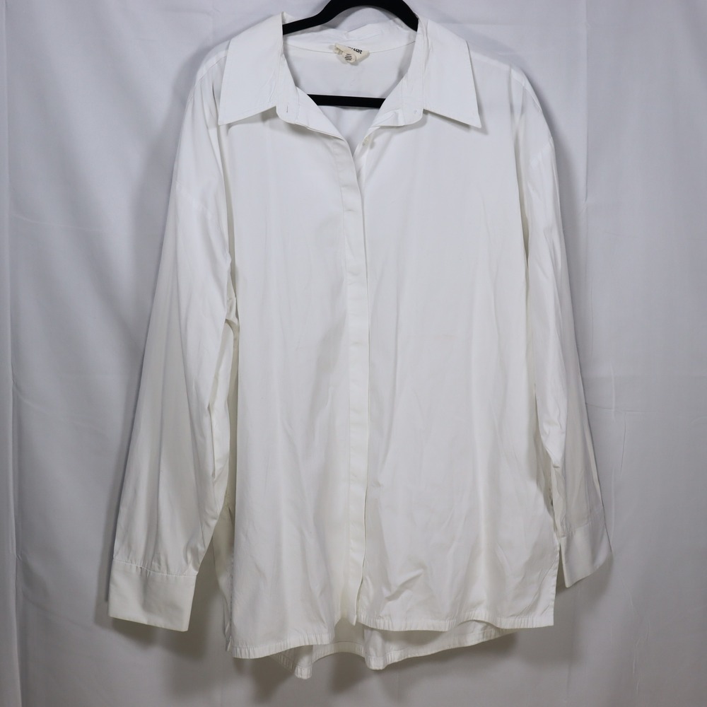 Open Edit Button Down 1X White Women Minimalist Office Cotton Shirt